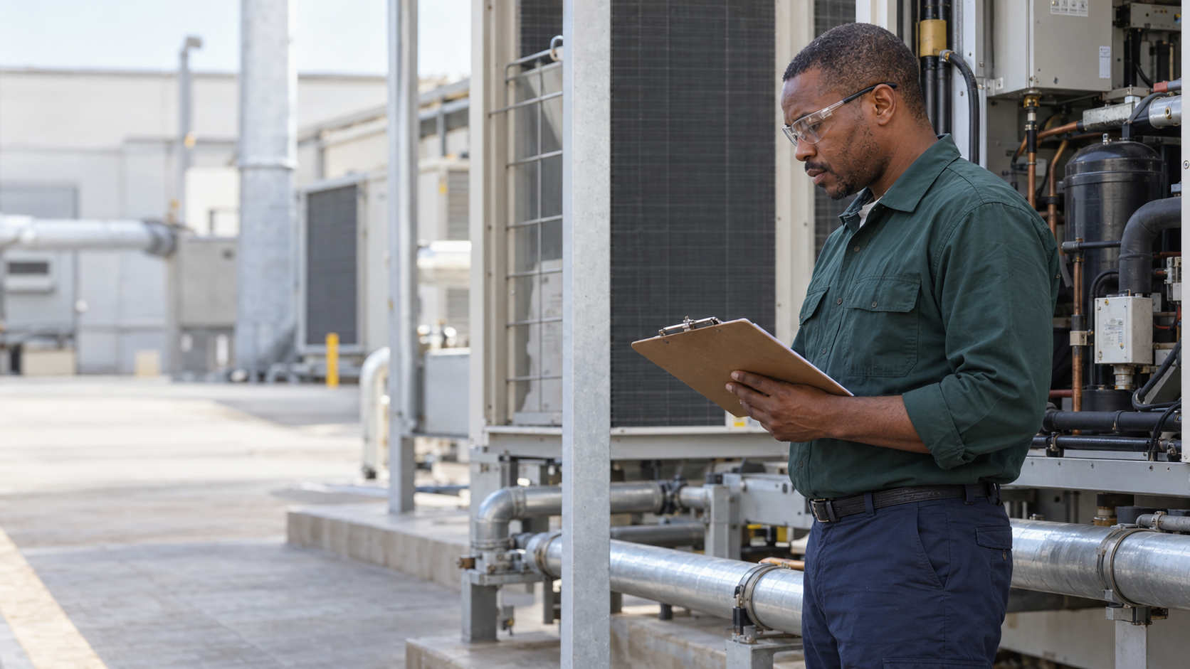 Illustrative engineering professional inspecting mechanical equipment