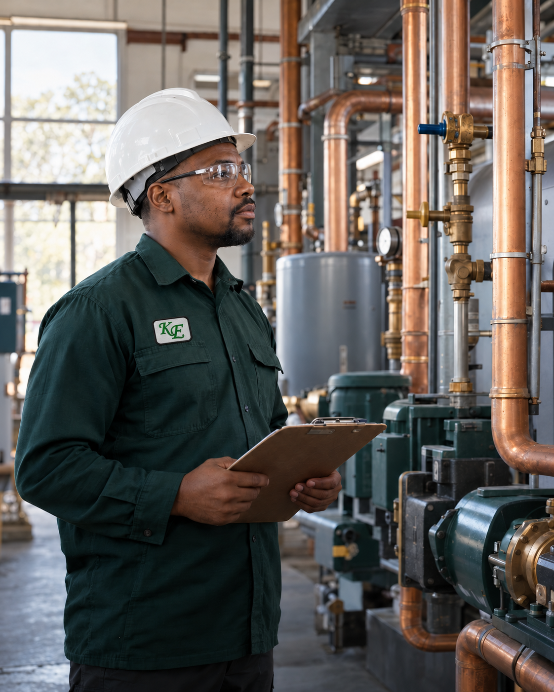 Illustrative photograph of an engineer inspecting mechanical plant equipment