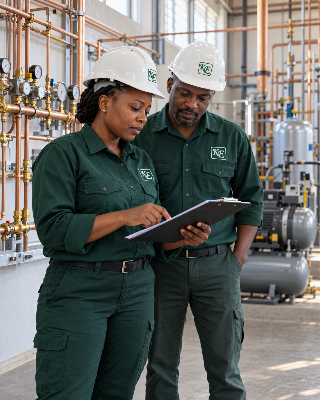 Illustrative scene of two engineering professionals reviewing equipment in a mechanical plant room